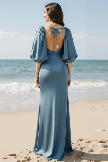 Robe longue formelle en satin à col en V bleu ciel avec fente